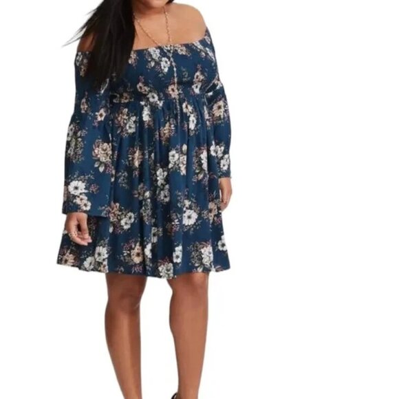 Torrid Mini Challis Off-Shoulder Skater Dress Smocked Bell Sleeves Floral - Picture 1 of 11
